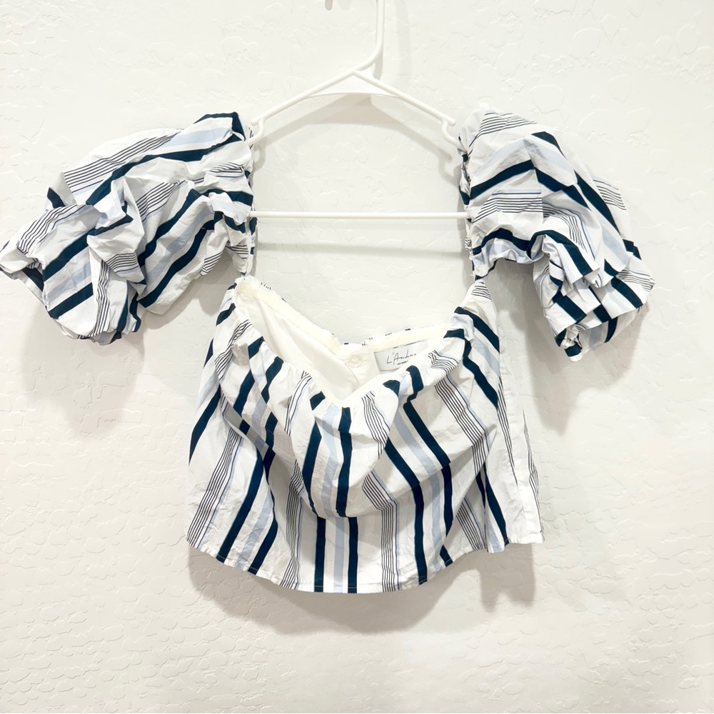 L’Acadamie Crop Top Womens XS White Blue Striped Off Shoulder Preppy Spring